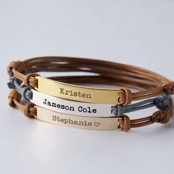 Engraving Personalized ID logo Bracelet Stainless Steel Silver 18k Gold Rectangular Stamping Blanks bar Charm Macrame Bracelets4